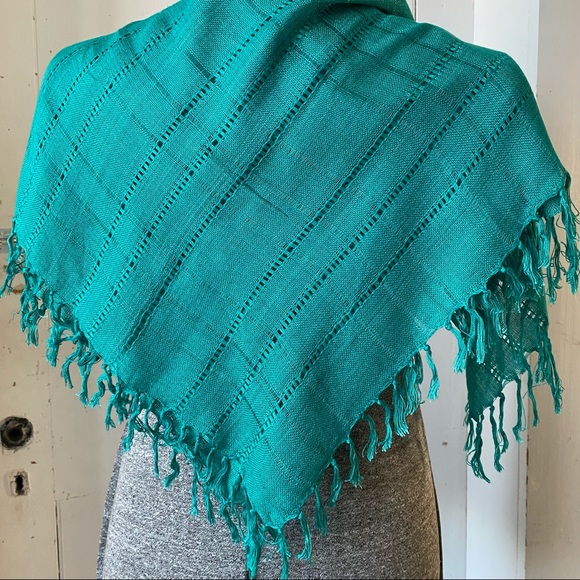 Turquoise Openwork Fringe Rayon Rectangle Scarf - Picture 5 of 11